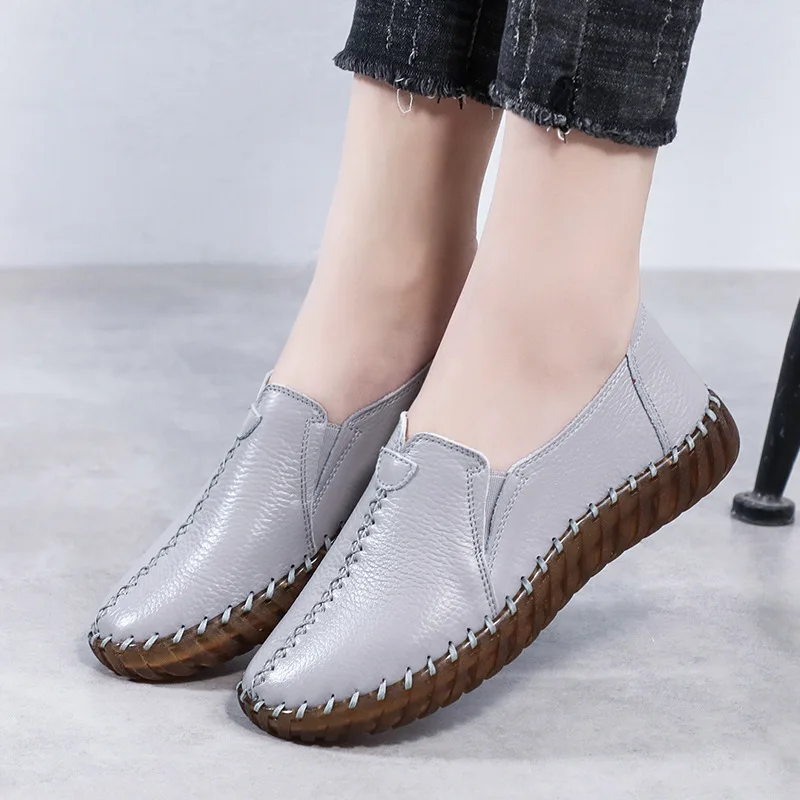 Autumn Wide Width Women Shoes Genuine Leather Ballet Flats Women\'s White Loafers Driving Moccasins Ladies Shoes For Foot Bones