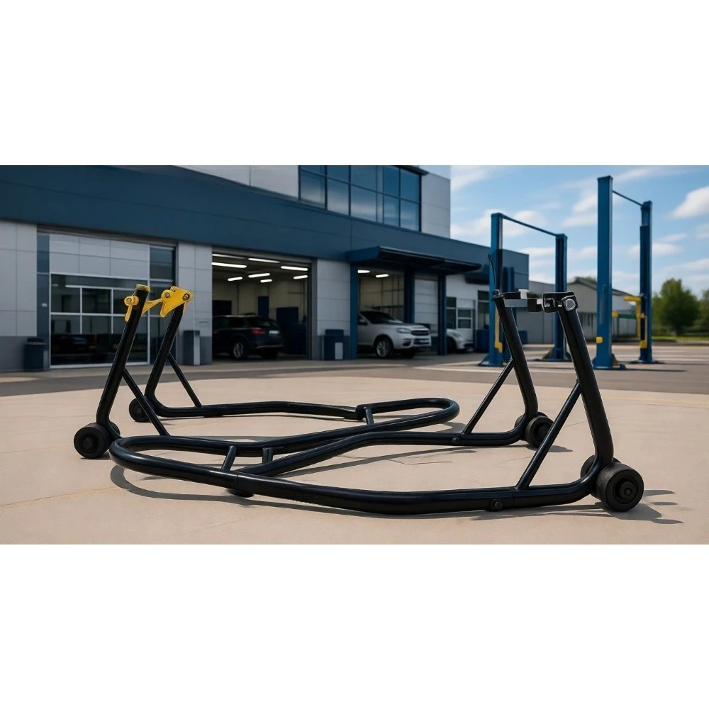 

Heavy Duty Motorcycle Stand 850lbs Front Rear Combo Lift with Dymond Shape Front Wheel and U Fork Rear