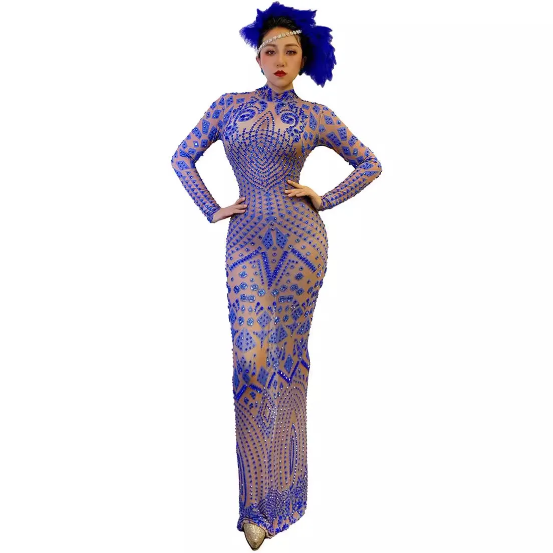 Elegant เซ็กซี่สีฟ้าเพชรที่สวยงาม Vintage สุภาพสตรีแฟชั่นสุภาพสตรี Gala ชุด Abiti Da Festa Designer ชุดราตรีสุดหรู