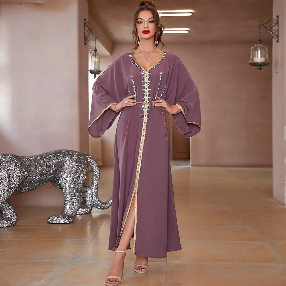 Morocco Middle Eastern Party Abaya Dress for Women Luxury Rhinestone Arab Dubai Turkey Moroccan Caftan Diamond Robe Ramadan