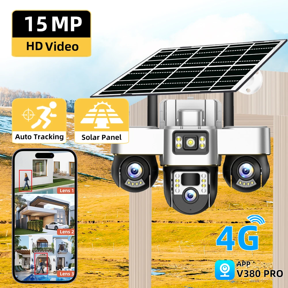 V380 PRO 6K 15MP 3 عدسة 3 شاشة تعمل بالطاقة الشمسية 4G كاميرا CCTV خارجية IP66 مقاومة للماء للرؤية الليلية والمراقبة الأمنية #1