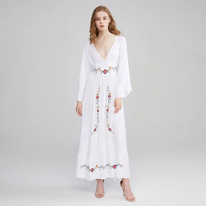 n Sle Long Sve V-Ne Embroidered Floral Maxi Dr Loose Fit Summer Autumn Spring Season Women's Dr