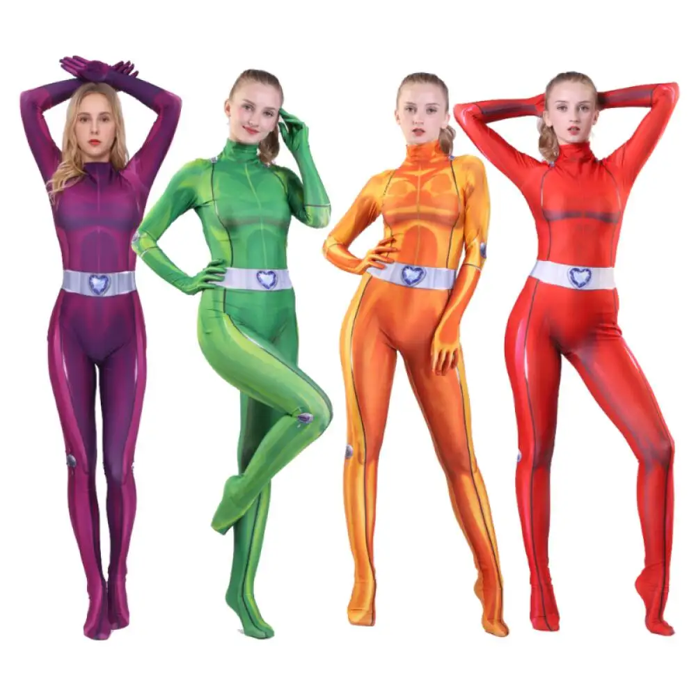 Kids Totally Spies Cosplay Costume for Women Adults 3D Printed Clover Ewing Zentai Bodysuit Halloween Alexandra Cosplay Jumpsuit