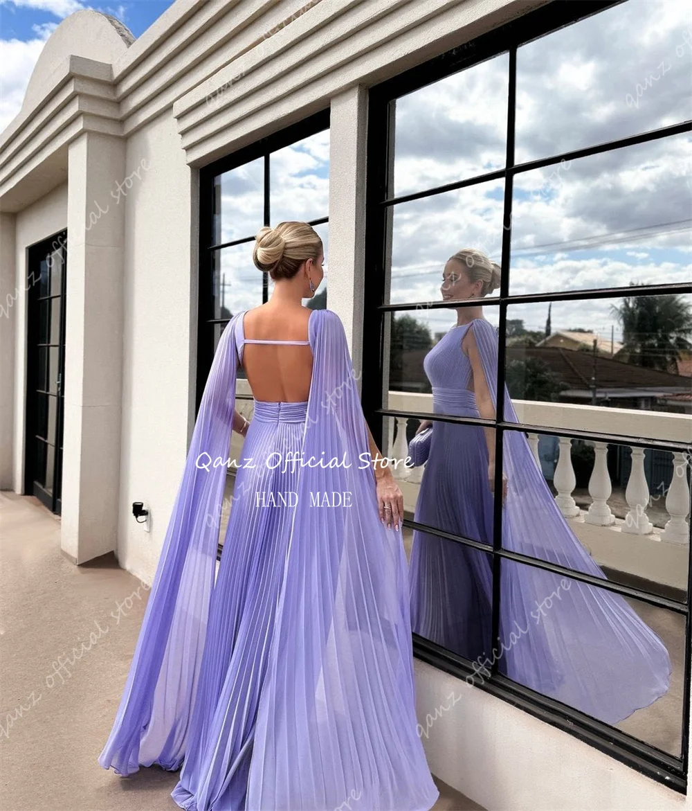 Qanz Formal Lavender Long Evening Dresses Cape Sleeves Chiffon Party Dress Ladies Dresses for Special Occasions Customized