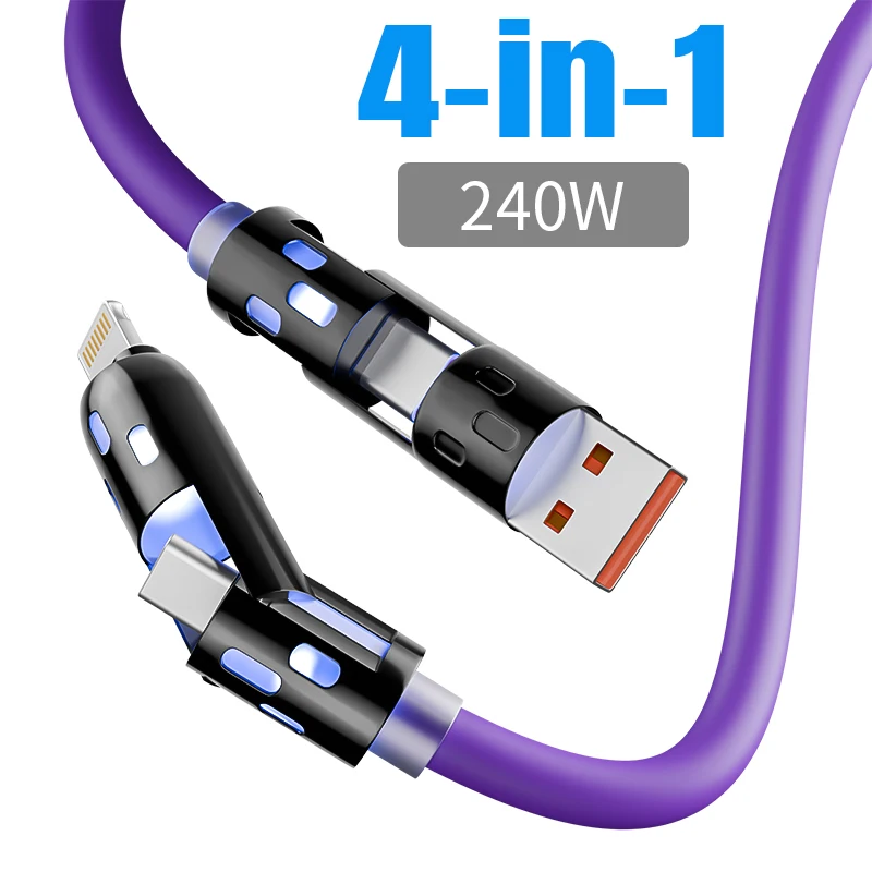 Cable USB de carga rápida 4 en 1 de 240W [3 pies/6 pies/10 pies] tipo C para Iphone Samsung Huawei Xiaomi cable de carga múltiple multipuerto