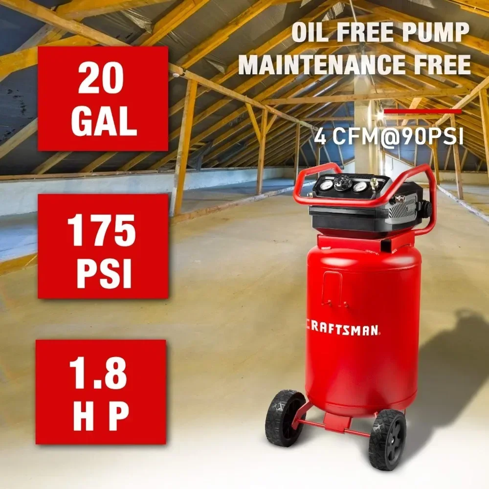 Air Compressor, 20 Gallon Oil-Free 1.8 HP Max 175 PSI Pressure Two Quick Couplers Big Capacity, Red