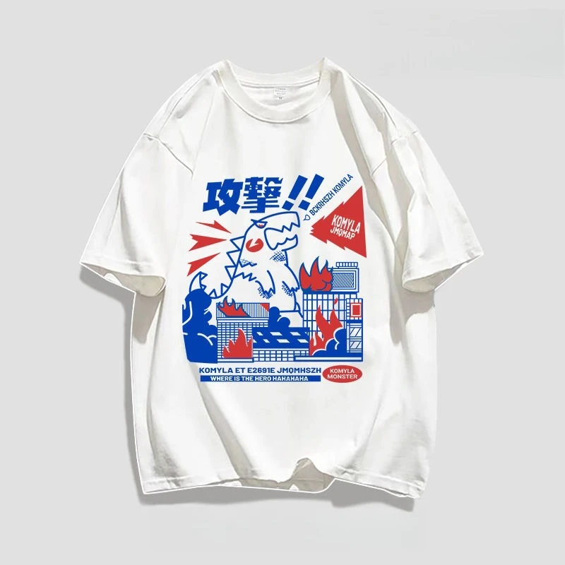 

Heavy Cotton Korean Version of Retro Dinosaur Printing Short-sleeved T-shirt Couple's Casual Trend Summer Top Men and Women Top