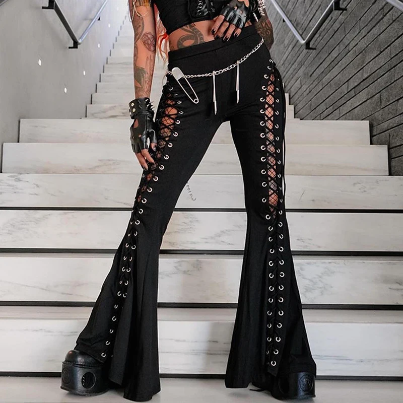 

Goth Dark Grunge Streetwear Black Bandage Trousers Cyber Gothic Punk Hollow Out Flare Pants Women Emo High Waist Sexy Alt Bottom