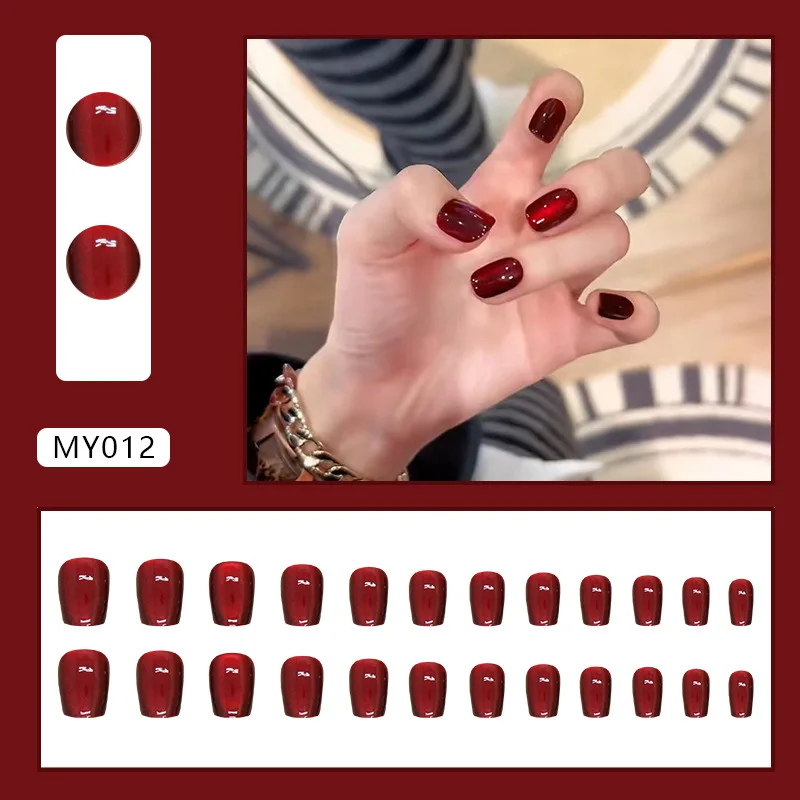 24pcs Solid Color Burgundy Cat Eye Short Red Removable Adhesive False Nails Girls Acrylic Fake Press on Nails with Glue Nail Kit