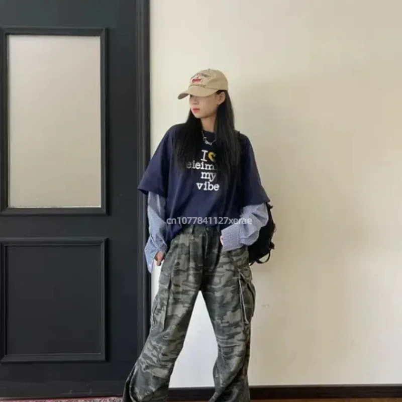 American Camouflage Street Dance Denim Workwear Pants for Spring and Autumn 2025 Retro Loose Wide Leg Slimming Casual Jeans