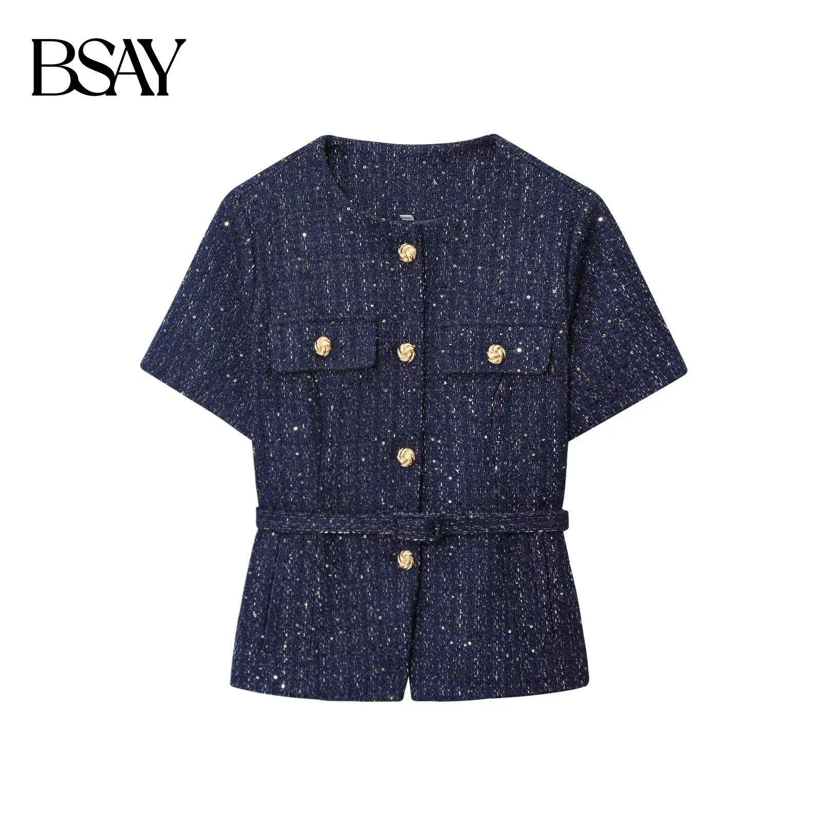 BSAY Small Fragrant Texture Jacket 2025 Autumn New Flap Pocket Belt Round Neck Gold Single Breasted Chic Short Coats Blazer