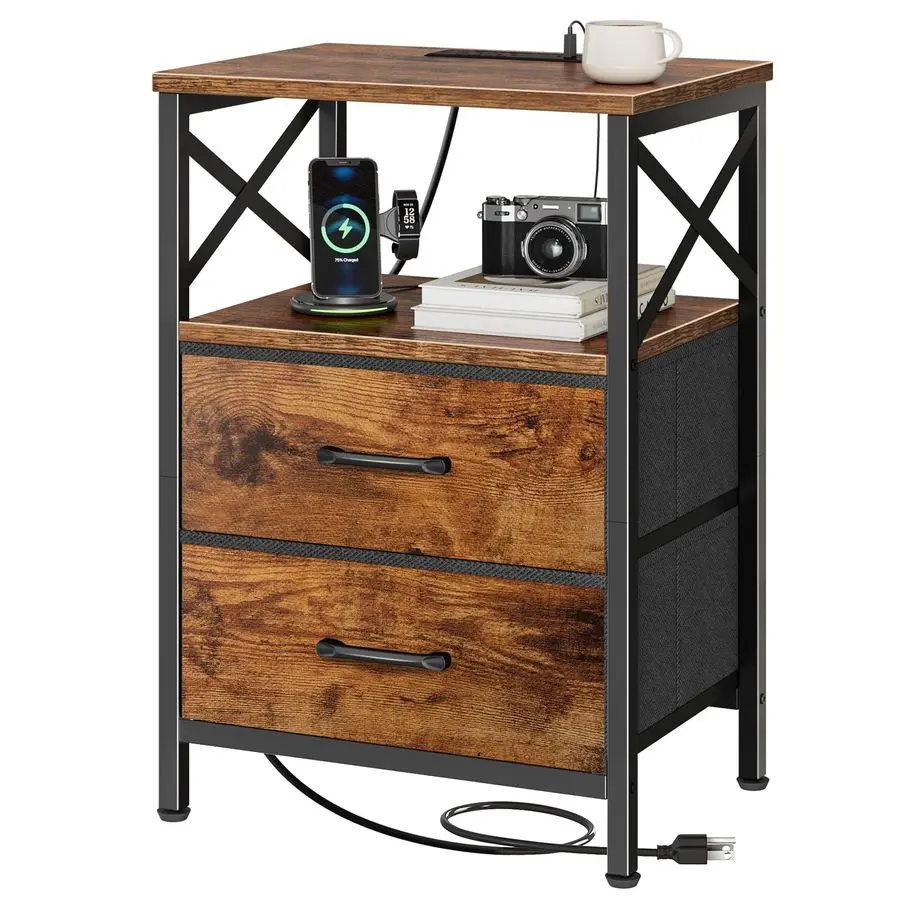

Night Stand with Charger Station, 2 Drawer Nightstand with Open Shelf, Bed Side Table with USBC Port, End Table, Compact Size fo