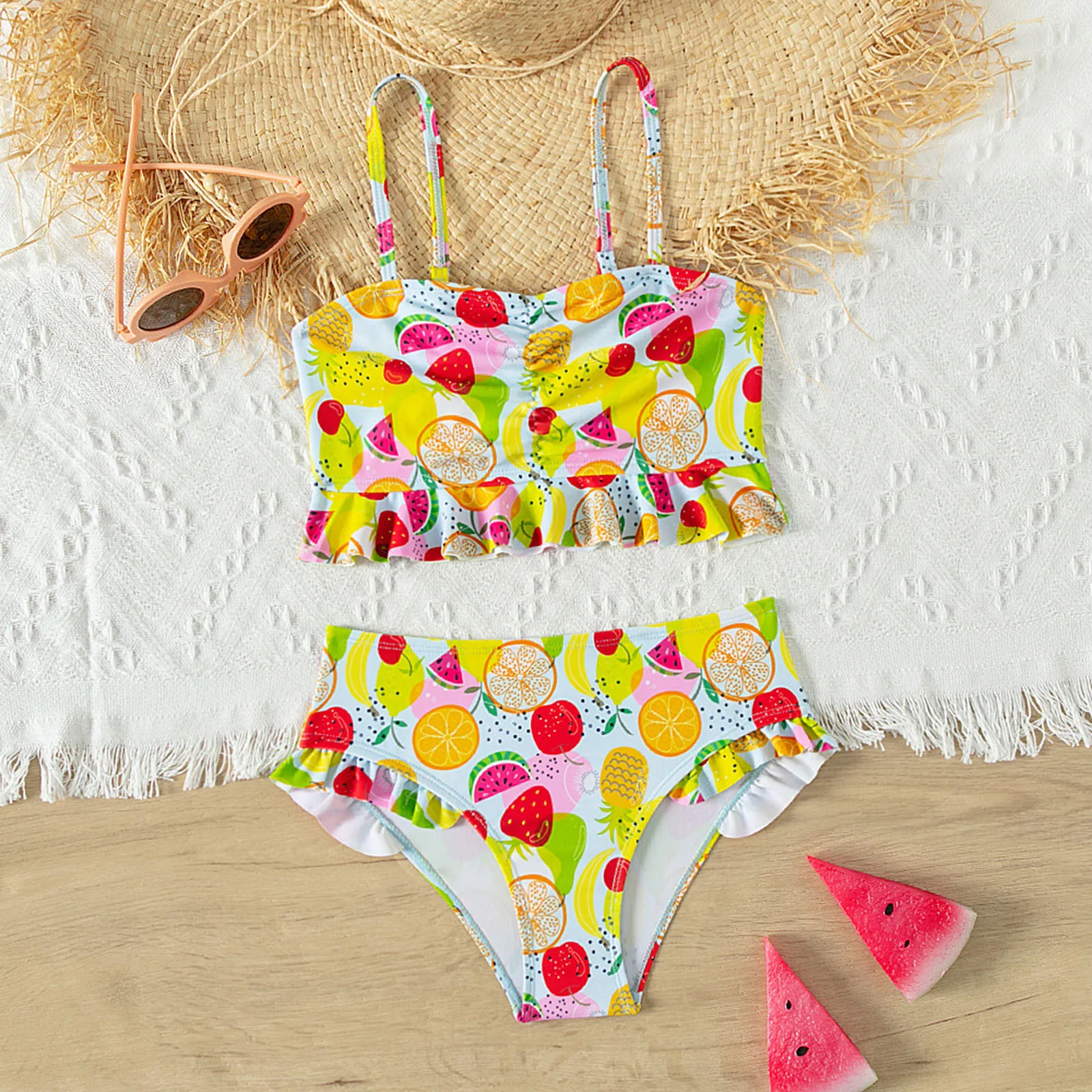 Summer Girls Fruit Printing Bikini Swimsuit Teen Girls 5-14 Years Two Piece Swimwear Candy Colorful Bathing Suit Kids Beach Wear