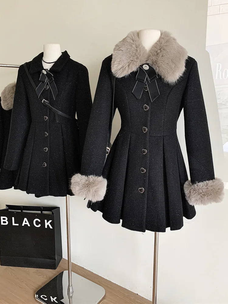 High Quality Women Elegant Woolen Coat Warm Winter Sweet Faux Fur Collar Woolen Dress Female Vintage A-line Party Style Dresses