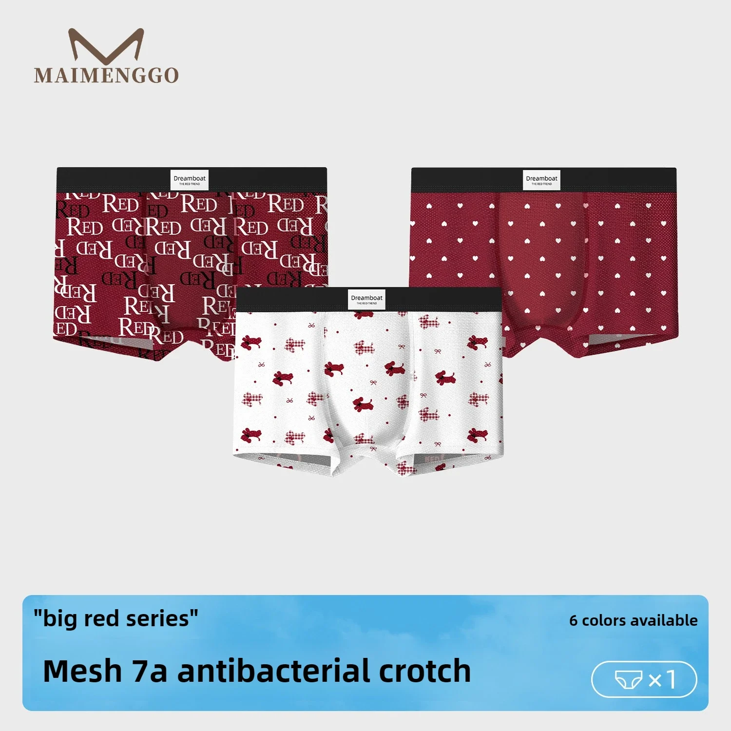 

Red Men's Underwear Trendy Printed Mesh Breathable Antibacterial Flat Angle Underwear