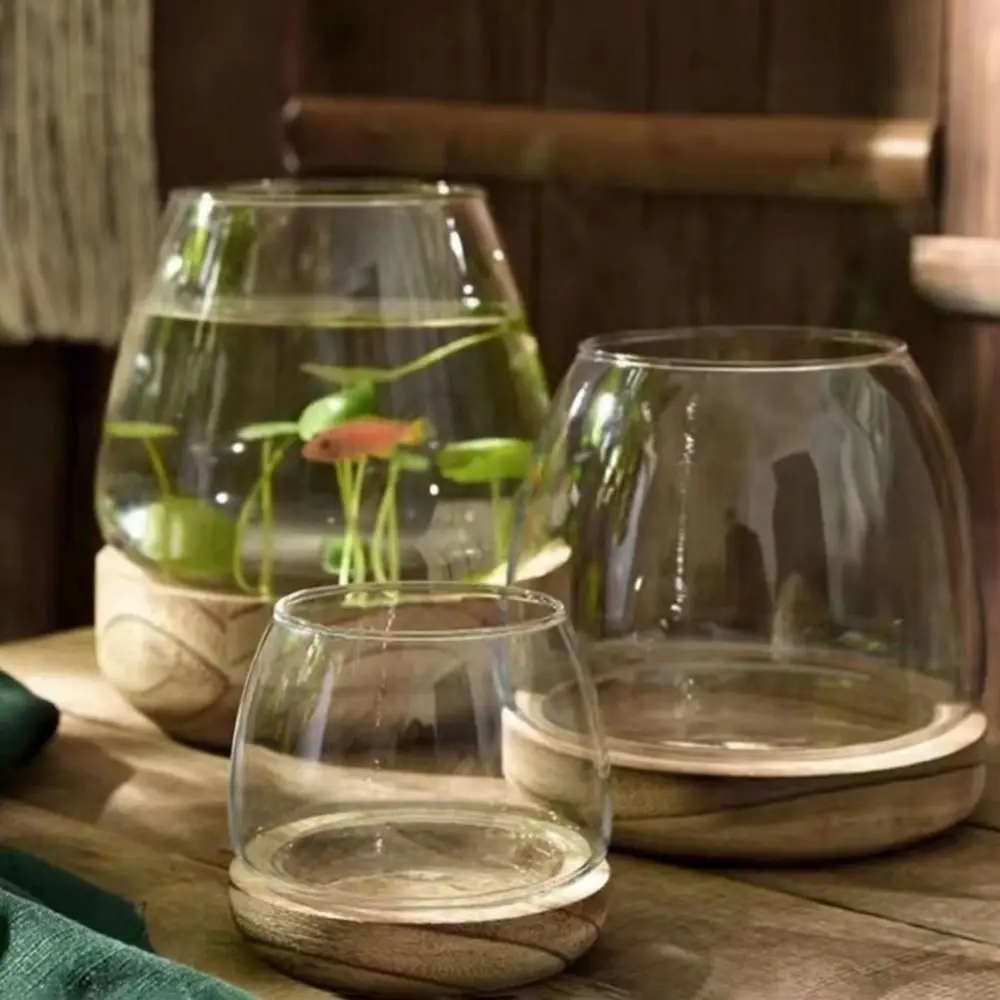 Round Circular Wooden Bucket Tank Simple with Wood Base Transparent Glass Fish Tank Decorative Glass Planter Hydroponic Vase