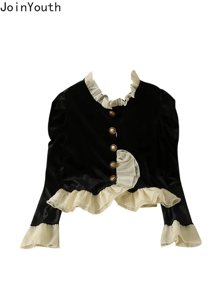 Black Velvet Blouse Women Clothes 2024 Camisas De Mujer Vintage Shirts Stand Neck Crop Tops Ruffles  Sweet Tunic Blouses 63a830