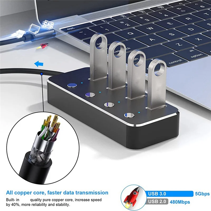 Адаптер питания ABSH и USB 3.0, 4-портовый разветвитель из алюминиевого сплава, концентратор USB 3.0, мульти-удлинитель USB, кабельный концентратор 1,2 м, вилка европейского стандарта B