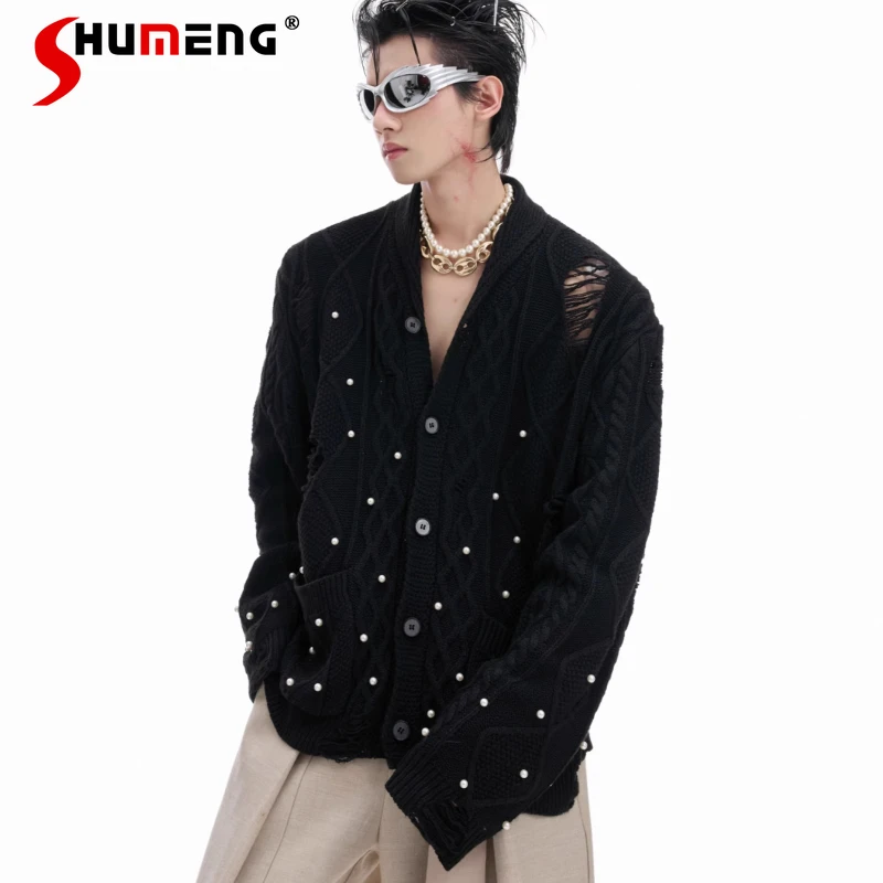 

2025 Autumn New Fashion Pearl Design Sweaters Hollow Out Knitted Cardigan Long Sleeve Coats Male Handsome Solid Color Knitwears