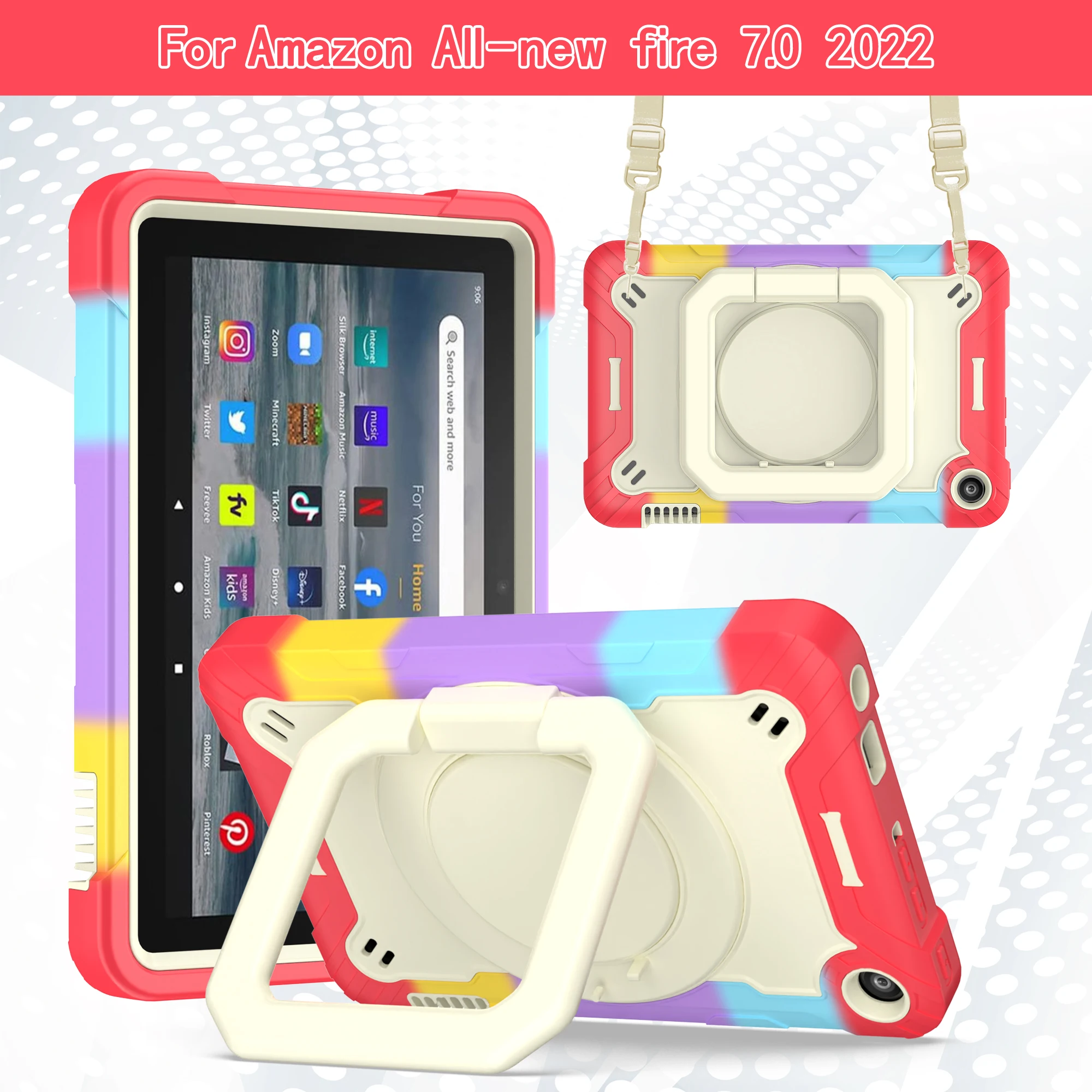 Case for Amazon Fire 7(2022), 360° rotating bracelet stand, convenient to carry, contrasting color design, precise hole position