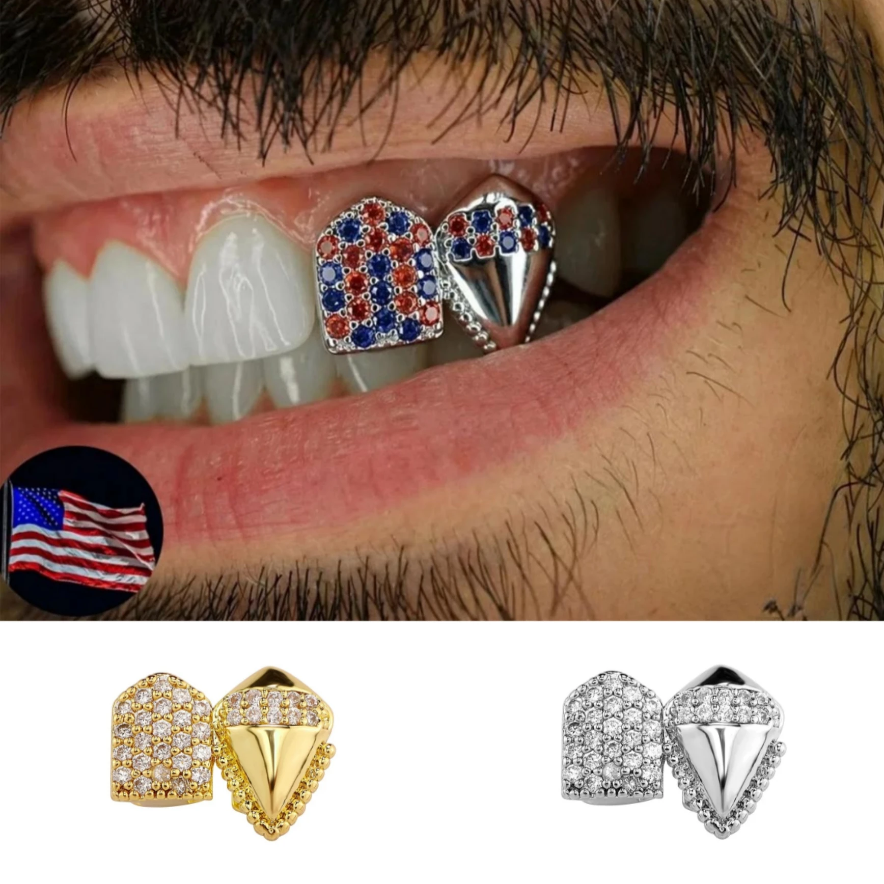 Hip Hop Double Teeth Grillz Set with Full Iced Blue Red US Flag CZ Stones Men's Top & Bottom Sparkling Punk Rapper Jewelry Gift