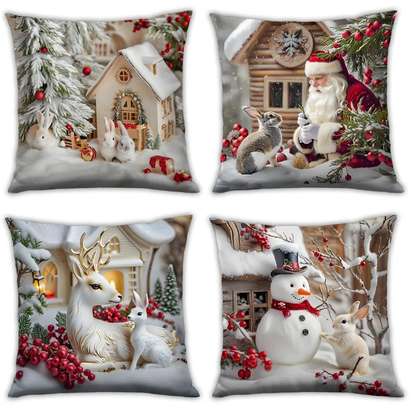 4pcs Christmas Pillow Covers – Santa, Snowman, Reindeer & Bunny Print, Festive Cushions for Sofa & Bedroom Holiday Decor