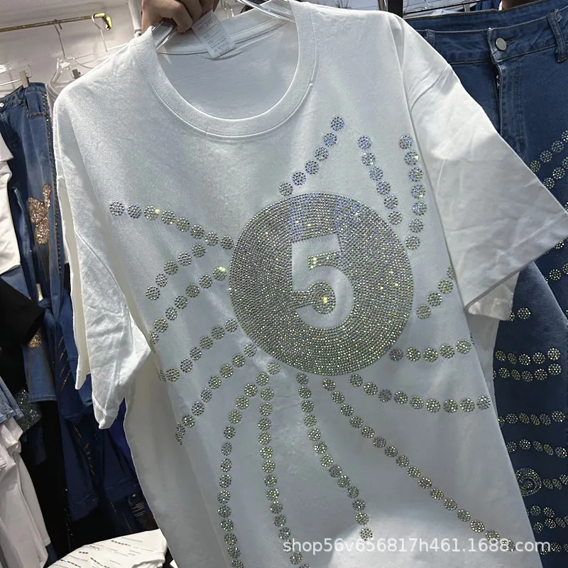 Luxury Shiny Hot Diamonds Casual Women Two-piece Set Trendy Loose Short Sleeve White T-shirt Top + High Waist Wide Leg Pants