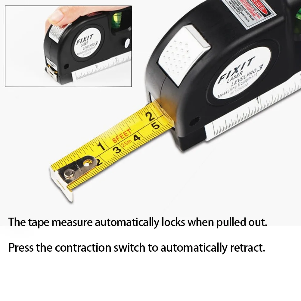 أداة تسوية ليزر متعددة الأغراض لمستوى الليزر مع شريط قياس قياسي 8FT 2.5M ومسطرة مترية