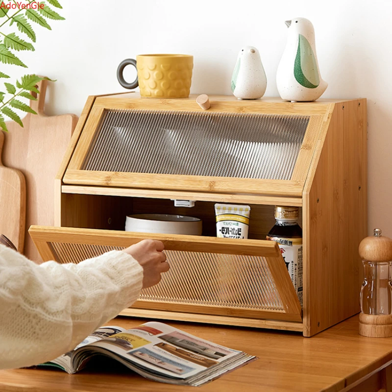 Kitchen Cabinets Bamboo Trapezoidal Meal Side Cabinet 2 Layers Structure Cup Holder Clamshell Design Storage Cabinets