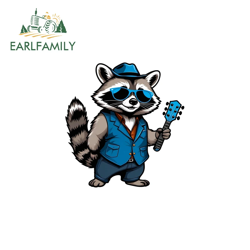 EARLFAMILY Swinging Raccoon Car Stickers Play The Guitar Car Wiper DIY Decal Sunscreen Vinyl PVC Camper RV Custom Printing