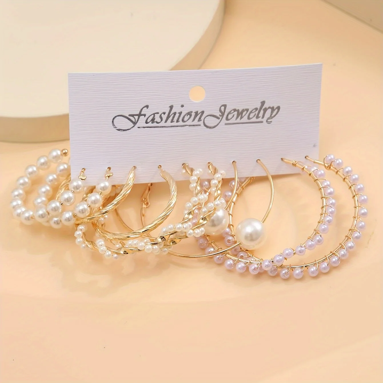 Fashion women's round earrings set, imitation pearl plated K gold jewelry gift image 5