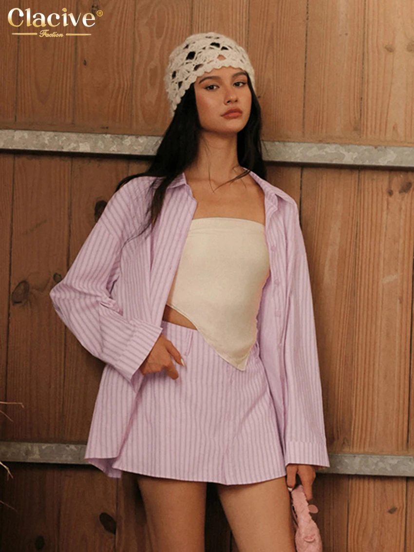 

Clacive Fashion Loose Blue Stripe Cotton Women Two Pieces Set Elegant Long Sleeve Shirt With High Waist Mini Skirt Set Female