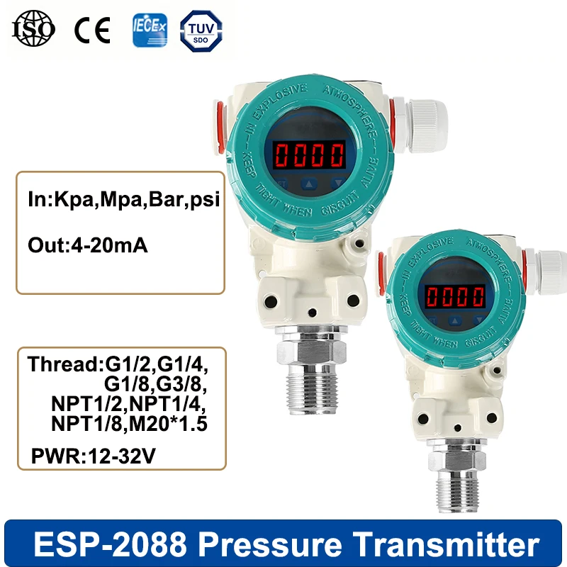 

LED Display Pressure Transmitter Measuring -0.1-0-100MPa Water Diesel Fuel Tank Sensor 4-20mA Output M20*1.5 Pressure Transducer