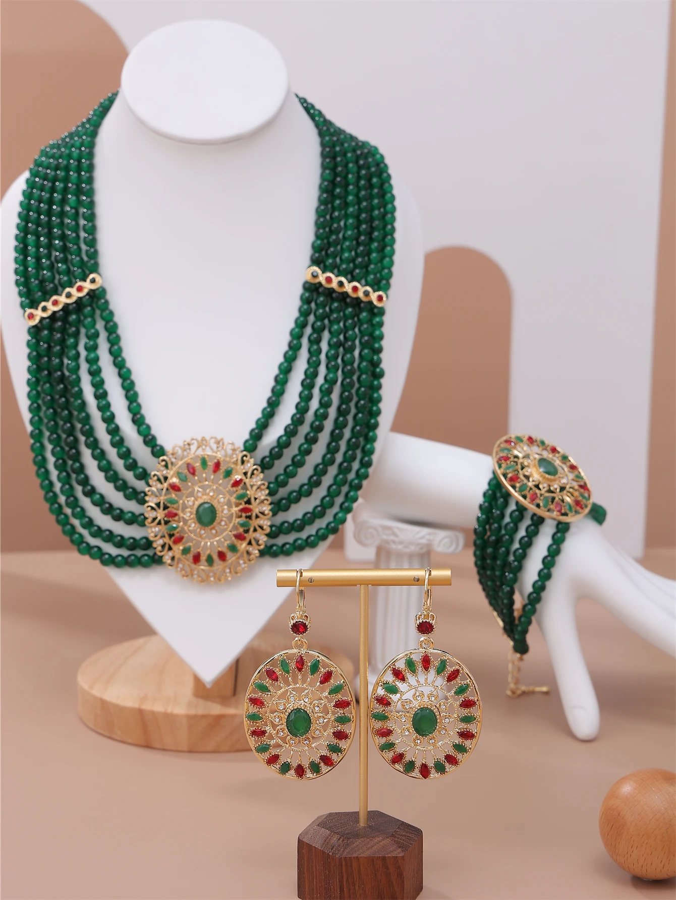 Gold Color Morocco Luxuriant Bride Wedding Jewelry Set Handmade Beaded Necklace Earring Bracelet For Women Bijou