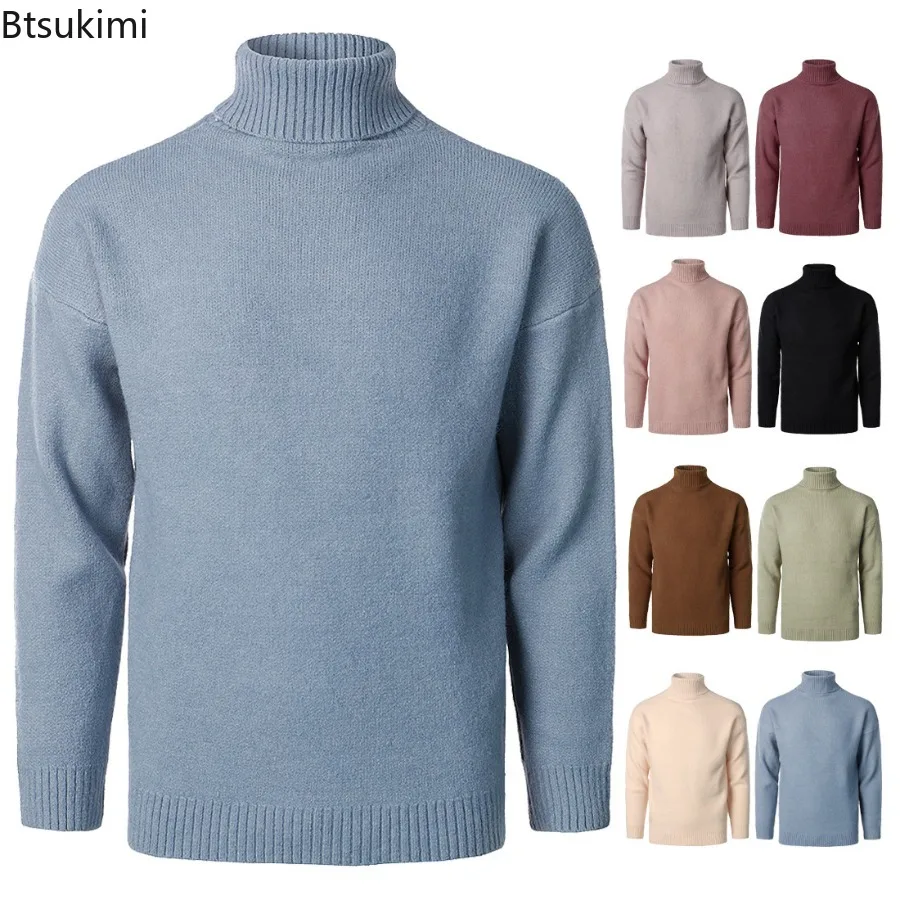 

2025 Новый зимний мужской свитер с воротником, повседневный однотонный теплый пуловер, высокое качество, модный мужской свитер с высоким воротом и длинными рукавами