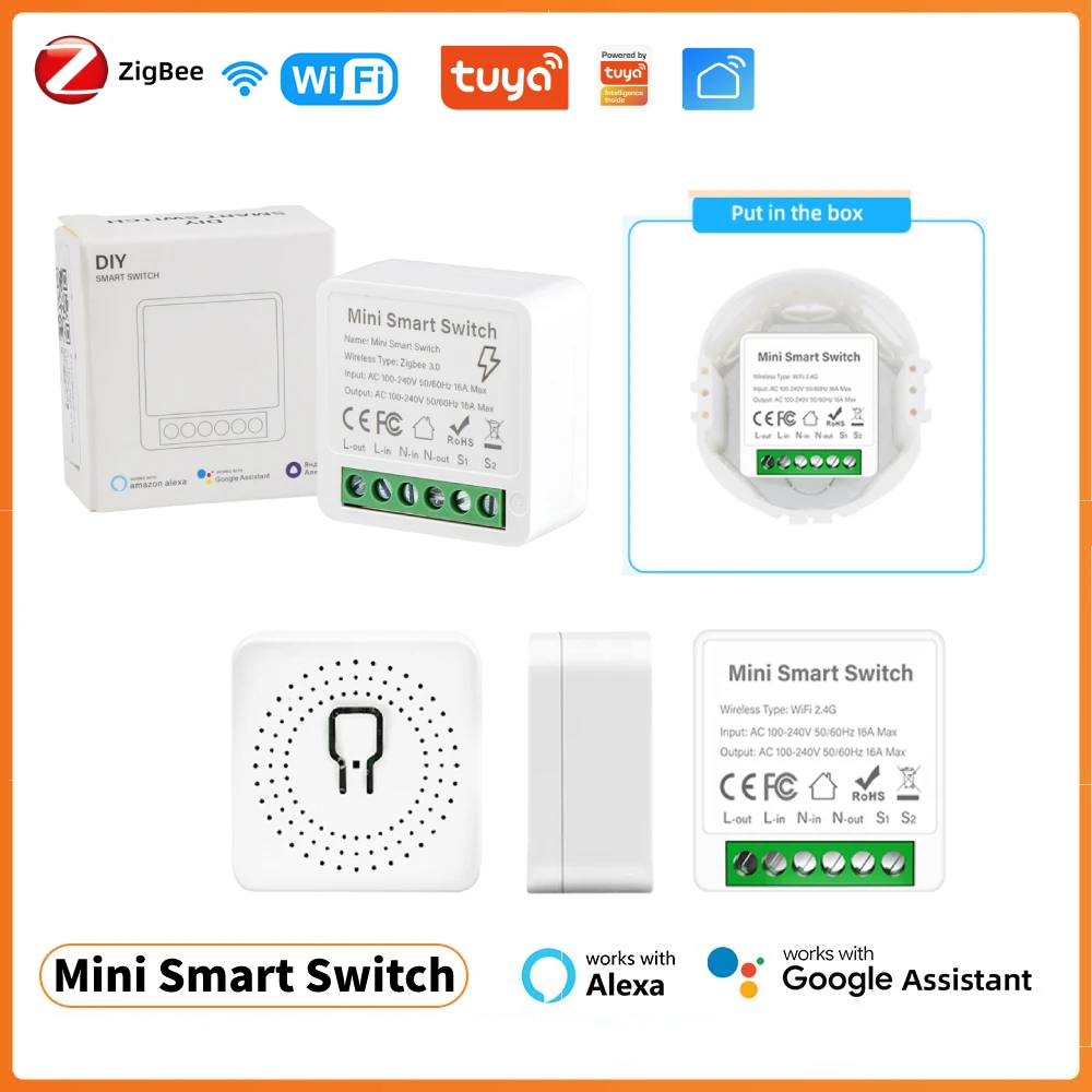 Tuya 16A Wifi Zigbee Mini DIY Smart Switch Two-way Remote Control Timer Relay Automation For Smart Life Alexa Google Home Alice