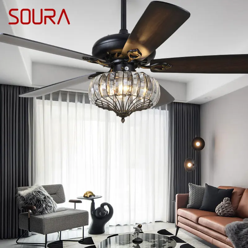 

SOURA Contemporary LED Fan Ceiling Lamp With Remote Control Black Crystal Lighting For Home Dining Room Bedroom Restaurant