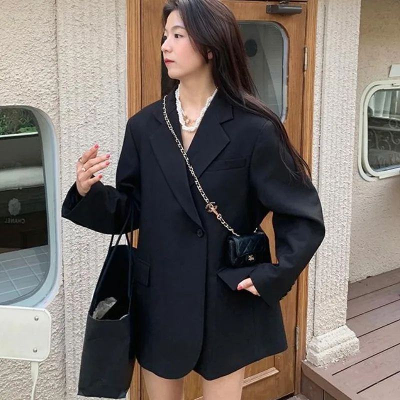 

Blazers Women Outwear Pure Black Loose Chic Simple Autumn Deat Fashion Newly Kpop Casual Coat All-match Lapel Vintage Female Ins