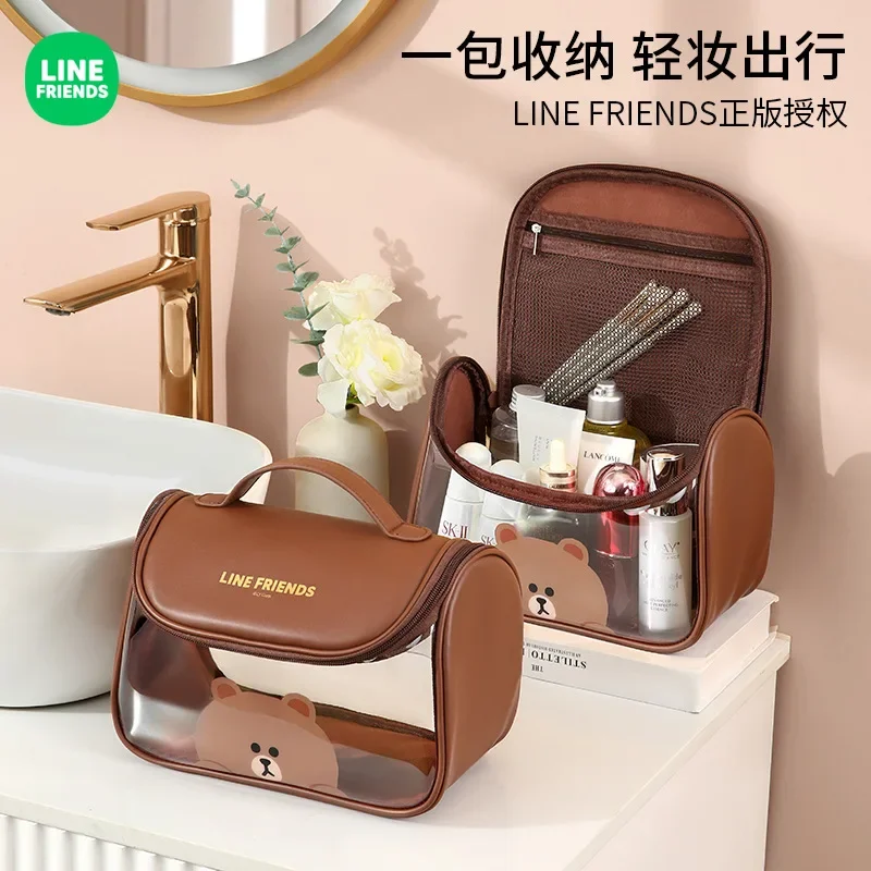 라인 프렌즈 다크 브라운 대용량 화장품 가방, 투명 방수 휴대용 여행 가방, 애니메이션 카와이 세탁 보관 가방, 신제품