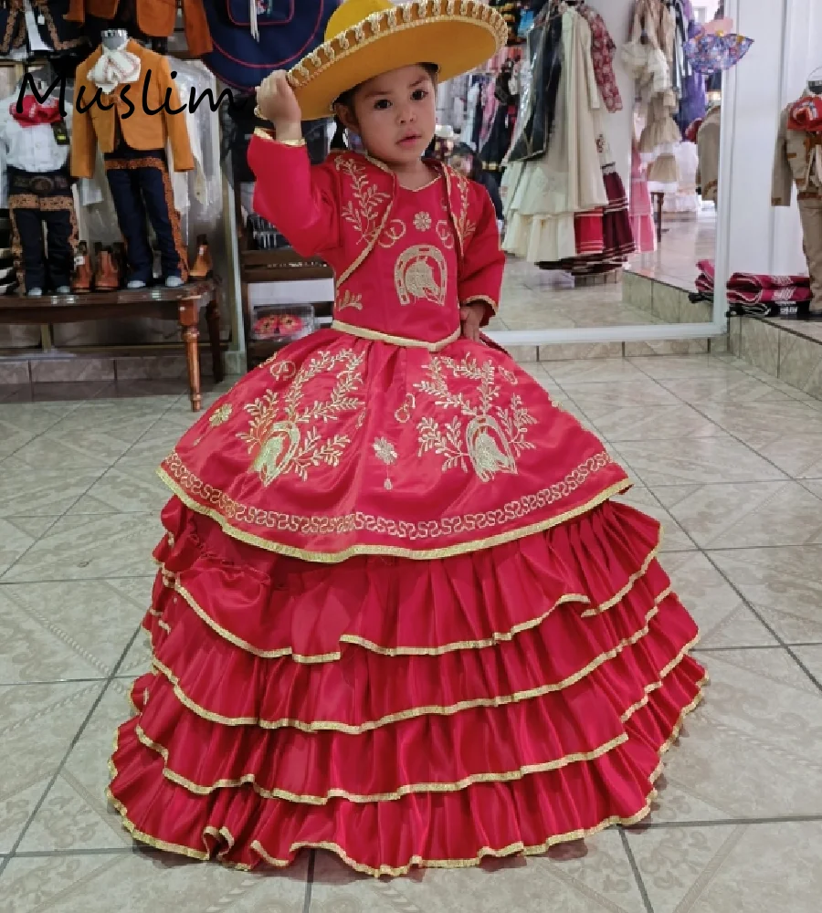 

Folklorico мексиканское платье с цветочным узором для девочек с курткой, красное платье, мини-платье Quinceañera, пышное платье Мариичи для дня рождения по индивидуальному заказу