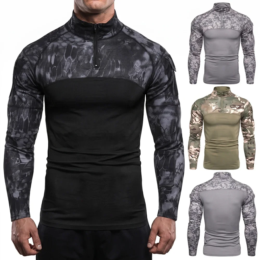 Men's Tactical Long Sleeve Shirt 1/4 Zip Mock Neck Military Combat Shirt Python Camo Outdoor Hunting Airsoft Paintball Shooting