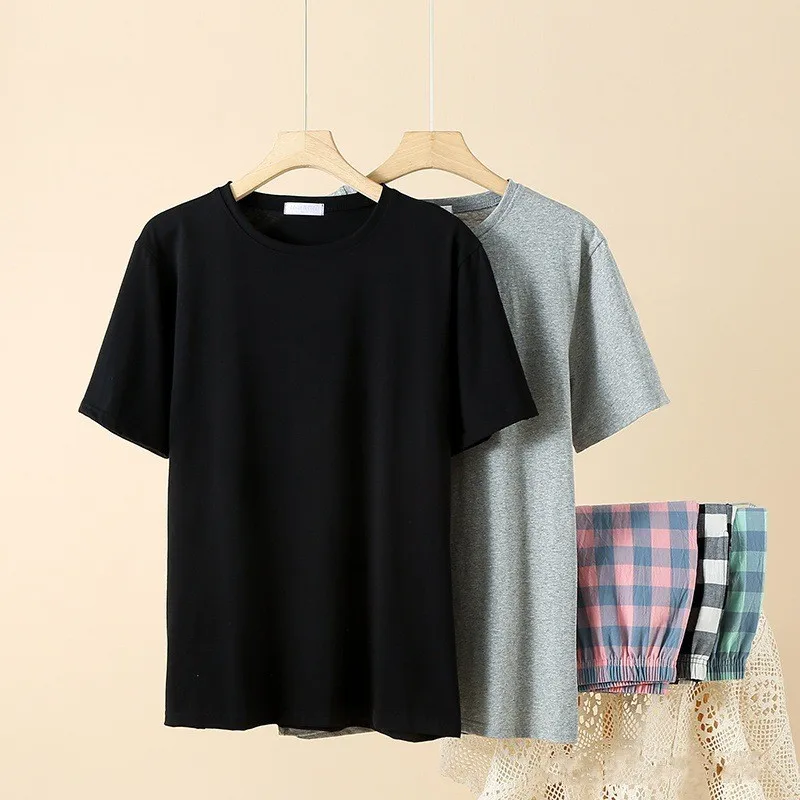 

Summer Men Casual Plaid Pajama Sets 100%Cotton Sleepwear Suit Short Sleeve T Shirt & Half Pants Plus Size Pajamas Men Home Cloth