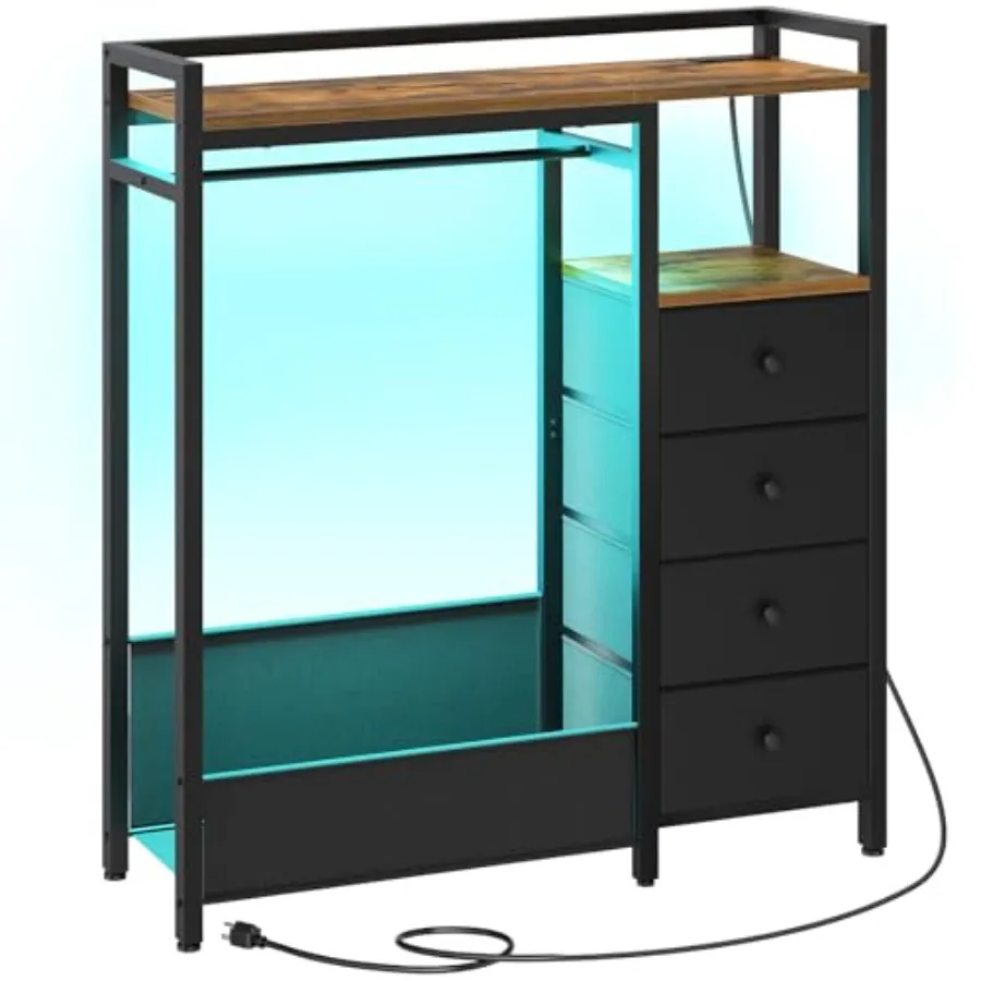 

Комод для спальни с вешалкой для одежды, 4 ящика, с зарядной станцией и LED-подсветкой, тумба для организации хранения в спальне