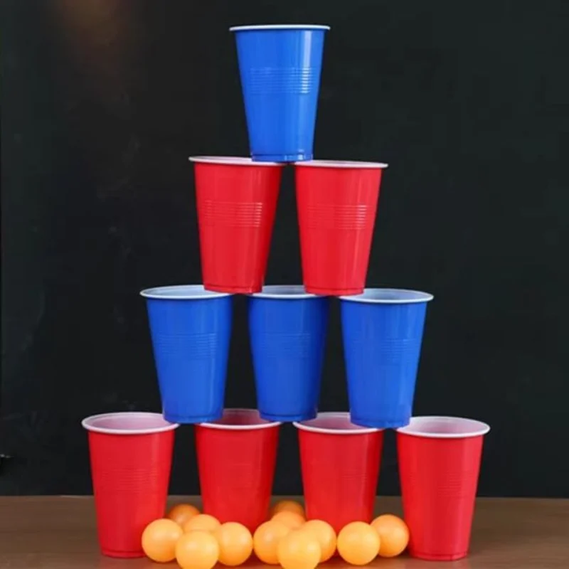 Vasos de plástico desechables para fiestas, vasos de agua reciclables rojos con líneas de relleno para bebidas, barbacoa, Picnic, juego de fiesta, 16Oz, 50 unids/lote por paquete