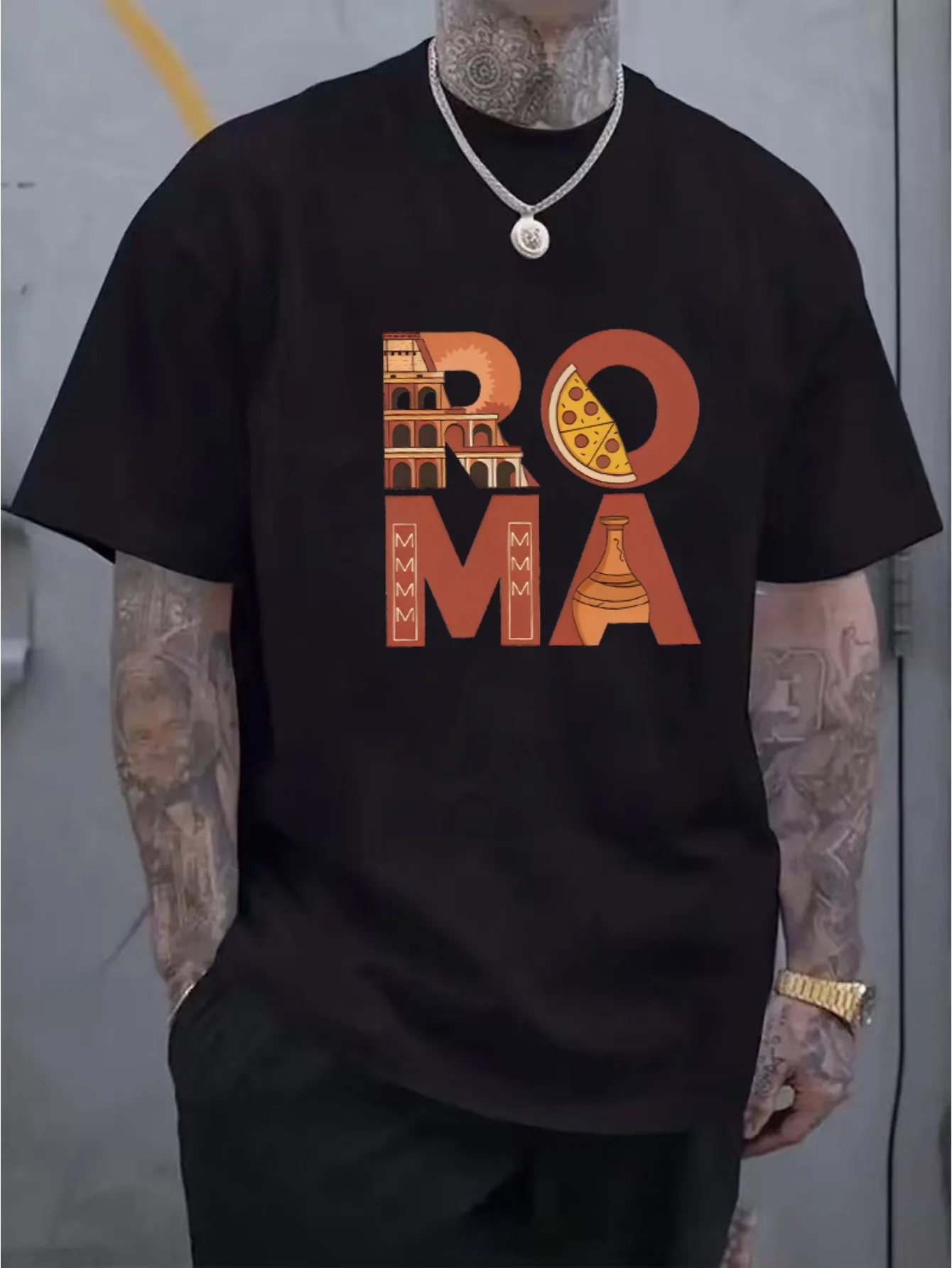 Camiseta con Estampado del Coliseo Romano y Pizza de Estilo Italiano para Hombre y Unisex - Ropa de Playa Informal de Manga Corta Transpirable para Verano