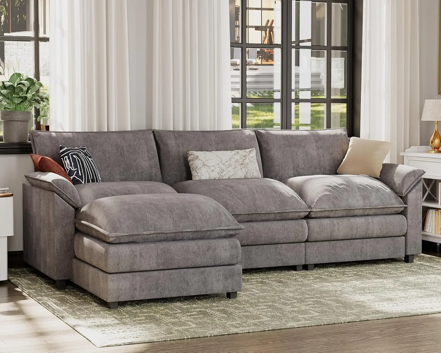 Jummico 119” Modular Sectional Sofa Couch, Modern Wide Arm L Shaped Couch With Deep Seat And Reversible Ottoman, Chenille