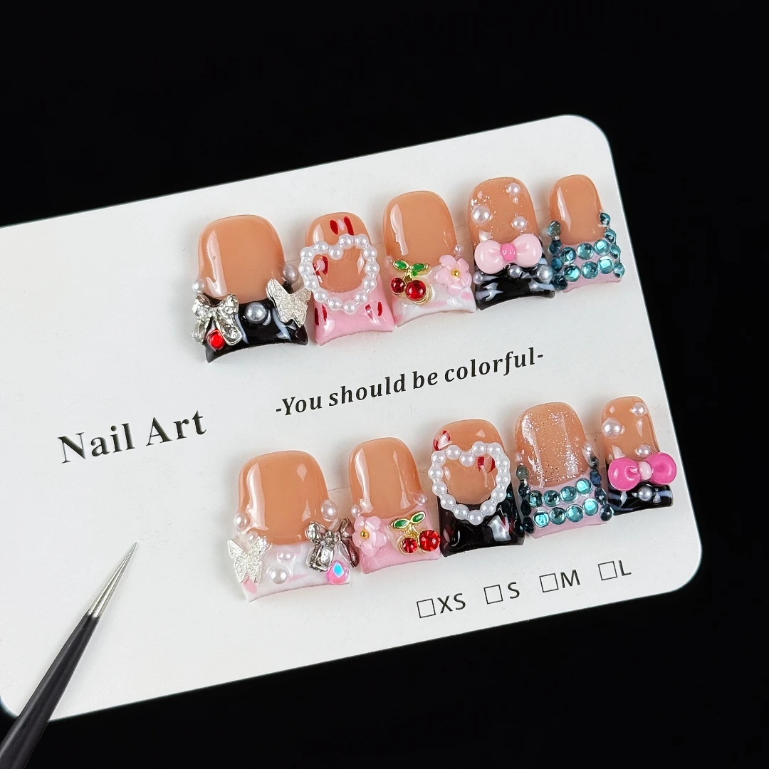 10 Stück hochwertige, niedliche Cartoon-Stil-Kunstnägel, handgezeichnete dreidimensionale Schleifen, Herzen, glänzende, glitzernde Diamanten, handgefertigte künstliche Nägel – Detail 5