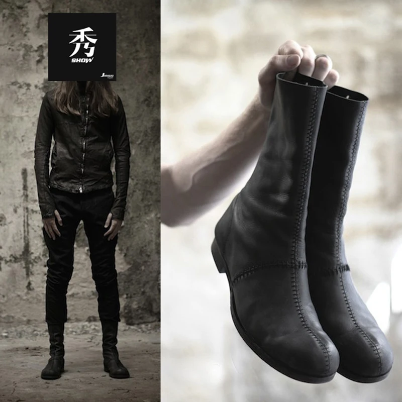 JINIWU 2026 Autumn Winter Men's Vintage Cowhide Mid-Calf Boots, Hand Stitched Round Toe Slim Fit Zipper Men Boots