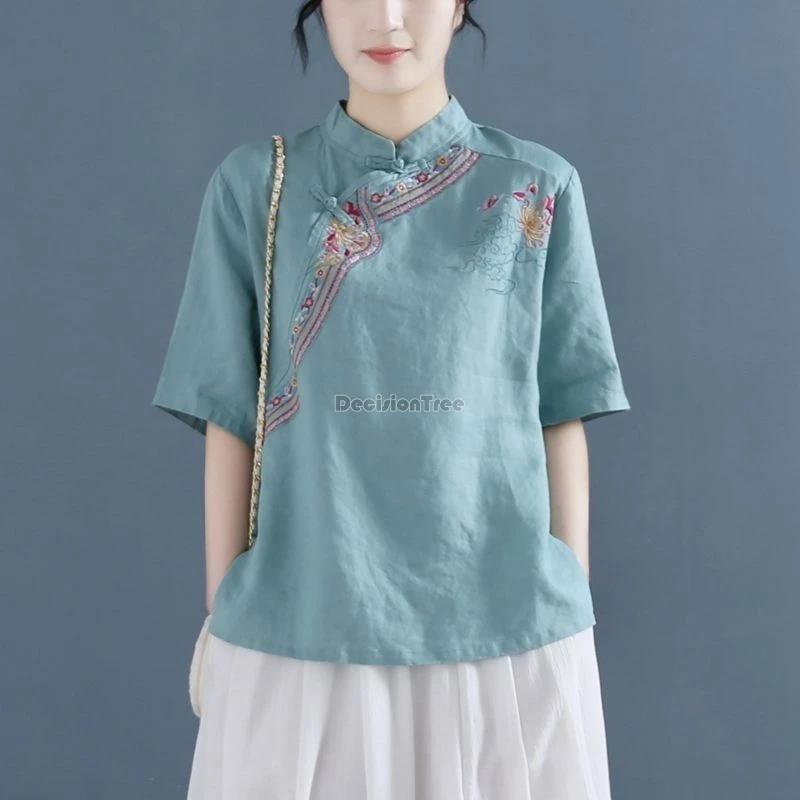 

2024 national style women summer new chinese style pan buckle stand collar improved loose cheongsam blouse cotton hemp hanfu top