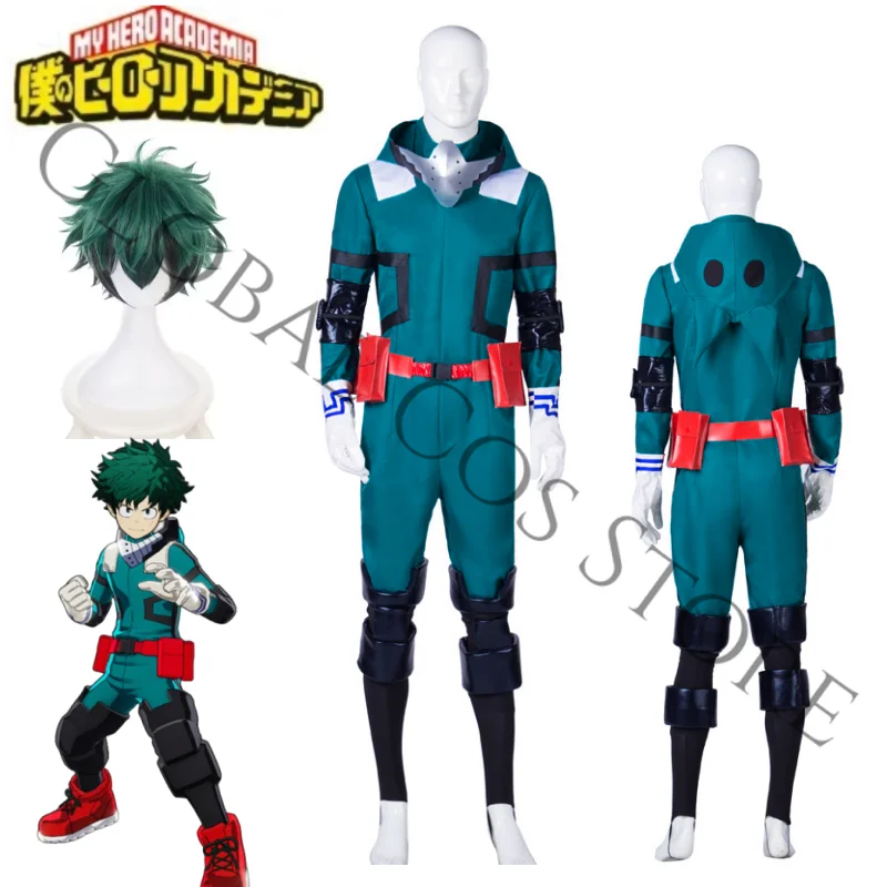 Anime My Hero Academia Midoriya Izuku Cosplay, grüner Kampfanzug, Kostüm, Overall-Set, Perücke, Accessoires, Halloween-Karnevalskostüm.